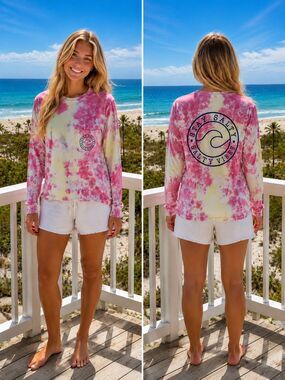 Southern Spirit Stay Salty Tie Dye Long Sleeve Pocket Tee Women’s Small Beach